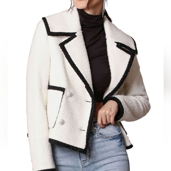 Avec Les Filles Black and White Blazer Tweed Double Breasted Tipped Jacket. M - Picture 8 of 16